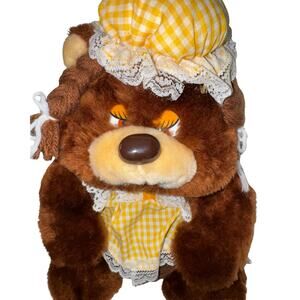 Vintage Bee International Brown Mama Bear Plush | Yellow Gingham Dress 1980s